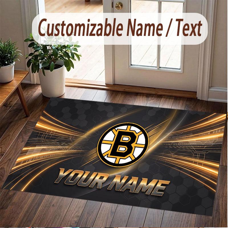 Benutzerdefinierter Teppich Boston Bruins Muster Druck Name Text Weicher Rutschfester Bodenbelag für Heim-Innenraumdekoration