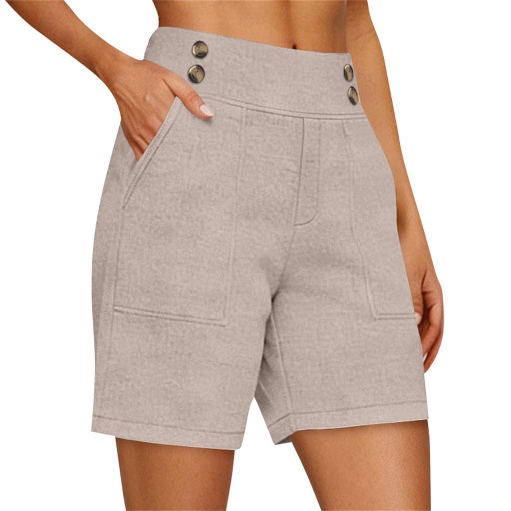 Weiche Shorts aus Baumwollleinen für Damen, Taschen, weicher Knopfverschluss, kein Reißverschluss, schmale Passform