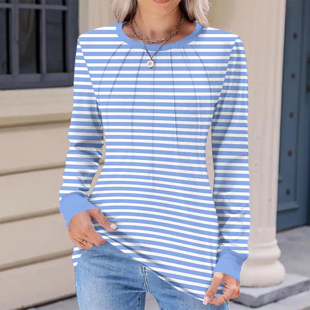 Women's Fashion Casual Striped Print Pleated Comfortable Round Neck Loose Long Sleeve T-shirt Top
