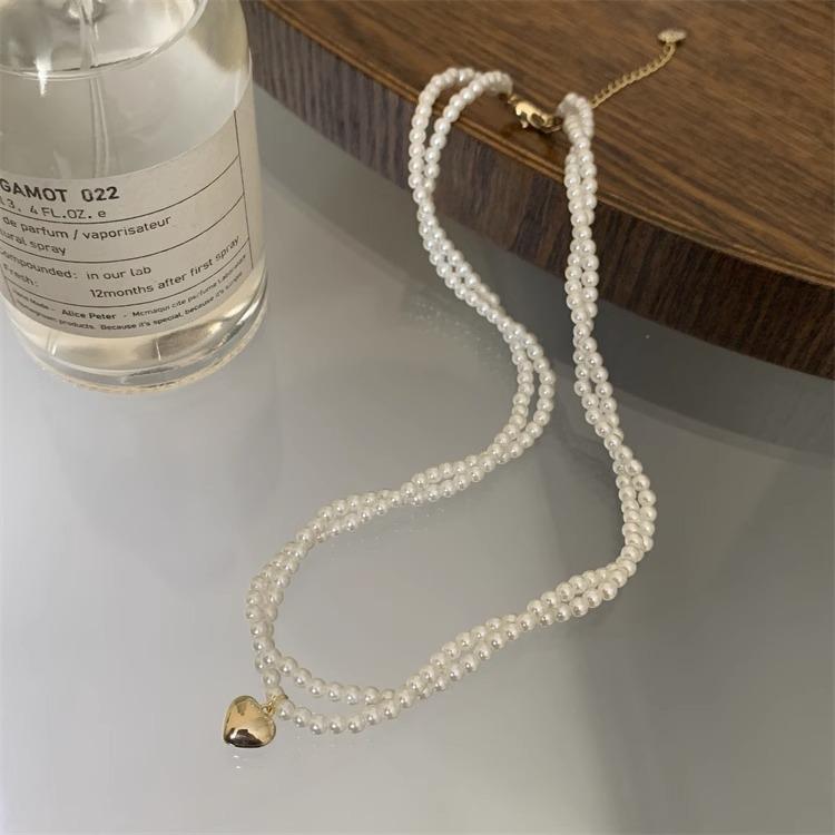 Real Gold Electroplating Double-Layer Winding Imitation Pearl Love Pendant Necklace Twist Simple Temperament Design Necklace