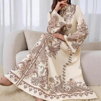 Women's Floral Paisley Print Maxi Dress Long Sleeve High Neck Loose Abaya Elegant Casual Long Dress Islamic Modest Kaftan