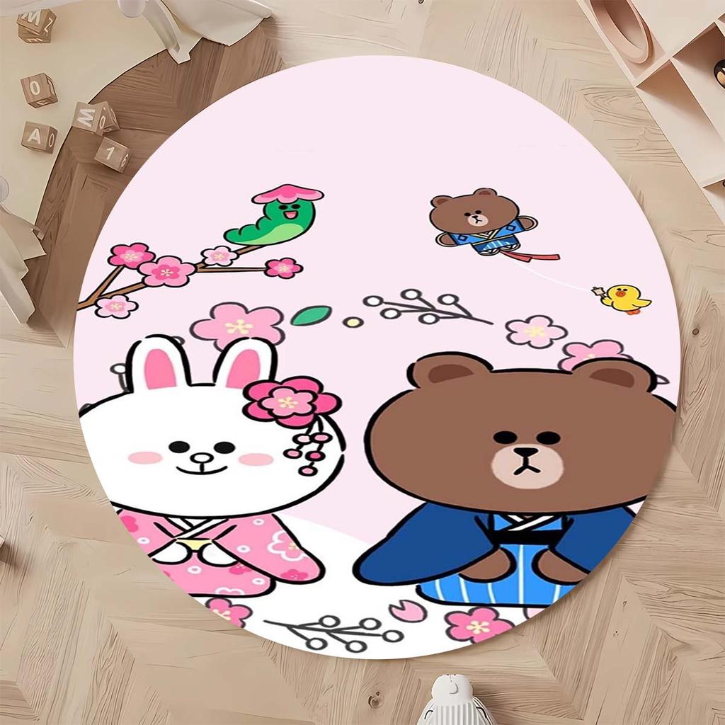 Popular Line Friends Pattern Circular Rug Kids Bedroom Flannel Carpet Playroom Anti-Skid Floor Mat Decor