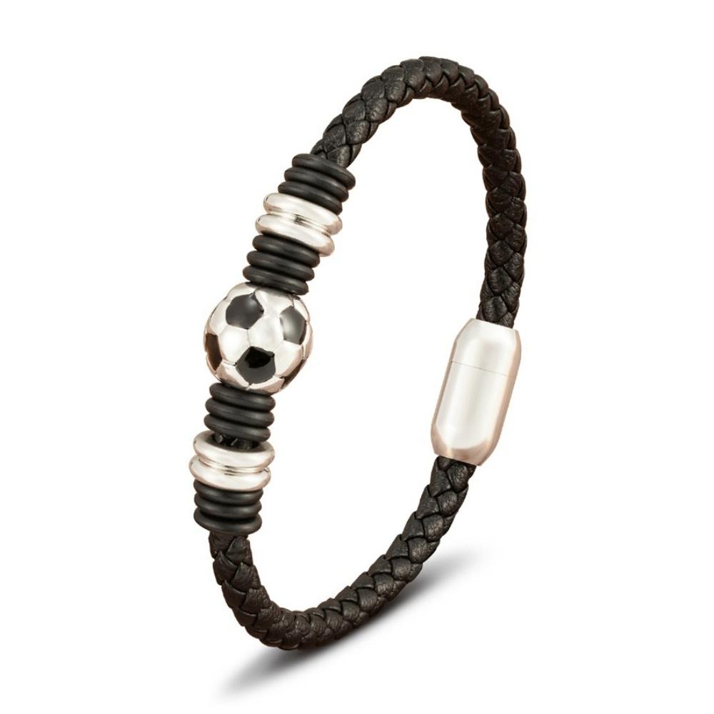 Hot Stainless Steel Geometric Bead Soccer Leather Woven Bracelet Unisex Trendy Fashion Charm Versatile Sports Jewelry Gift