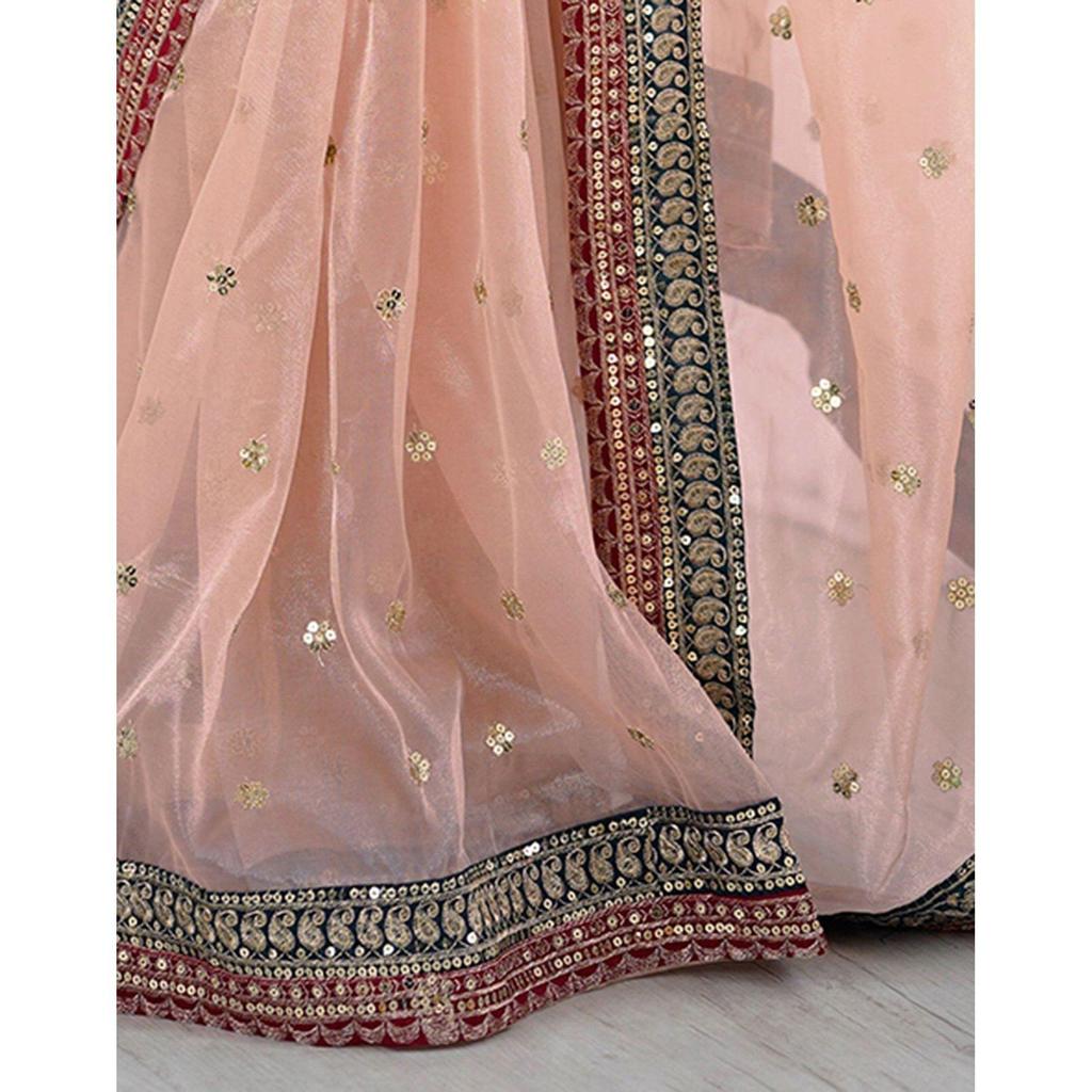 Nuovo Lancio – Elegante Saree da Festa in Rete con Ricami e Bordi in Pizzo | Set Bellezza Pesca