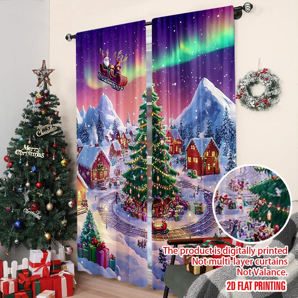 2pcs 2D flat printing Christmas Window Curtains Santa Claus and the reindeer sleigh Machine Washable Fabric Without Electricity