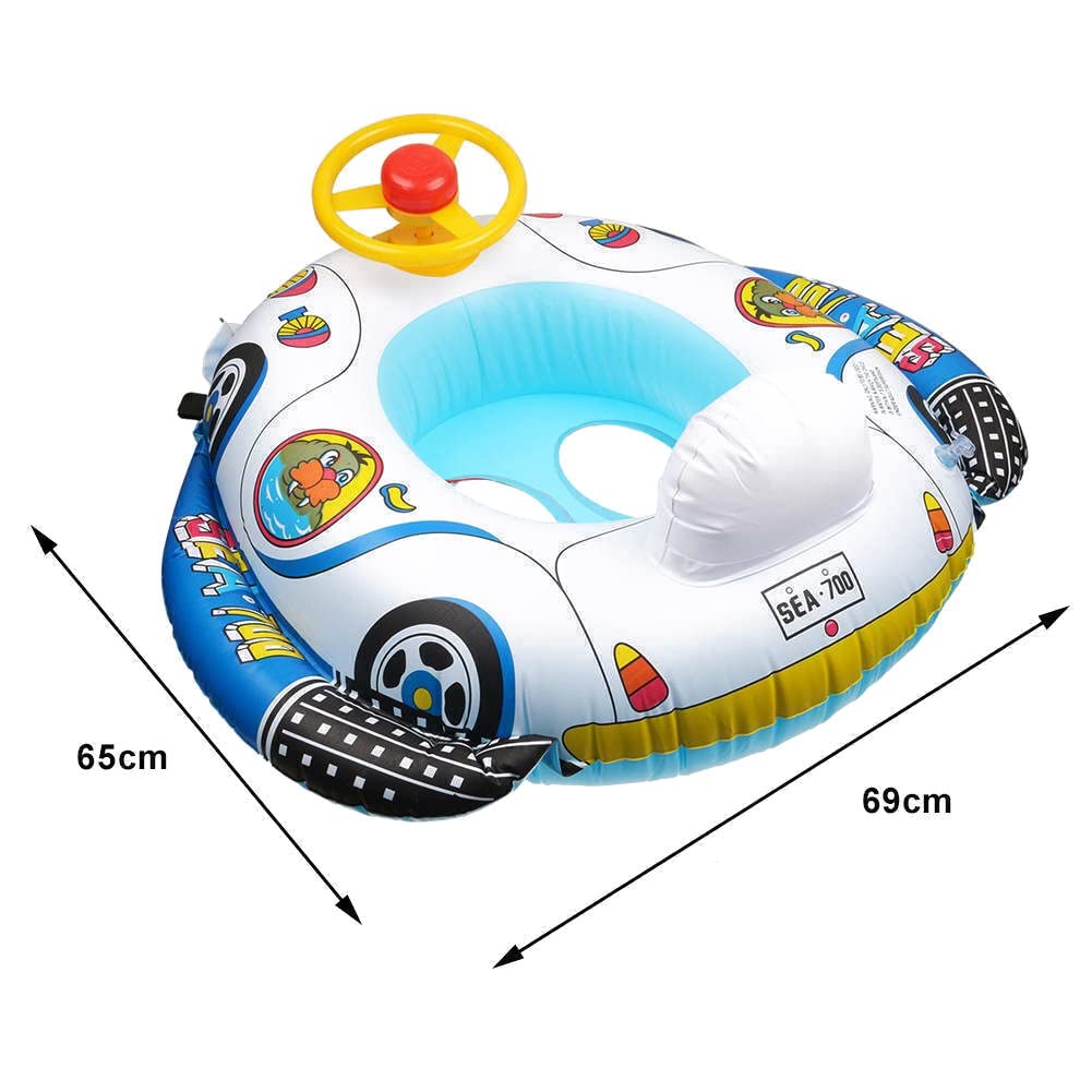 Car-shaped baby boat for toddlers, with footrests, handlebars, and a fun, stable design for swimming. A stylish and fun inflatable float perfect for