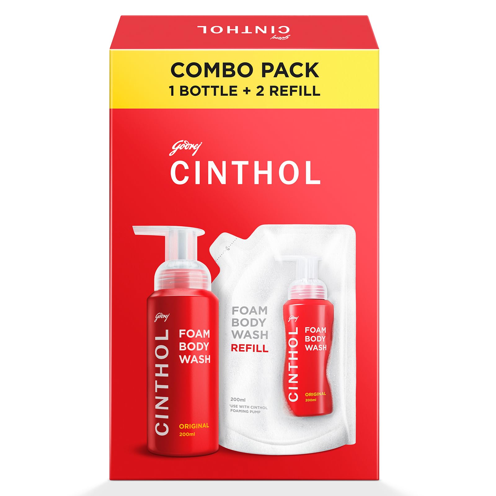 Cinthol Original Foam Body Wash - Combi Pack (600ml) | 1 Bottle & 2 Refill | Unique Foam Formula for Moisturized & Irresistibly Soft Skin | Suitable f