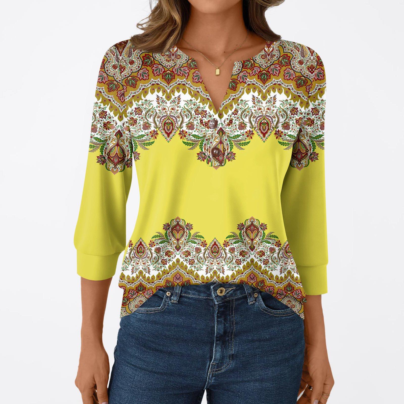 

Женская модная повседневная футболка с рукавом 3/4, с принтами, V-образным вырезом и пуговицами XL жёлтый
