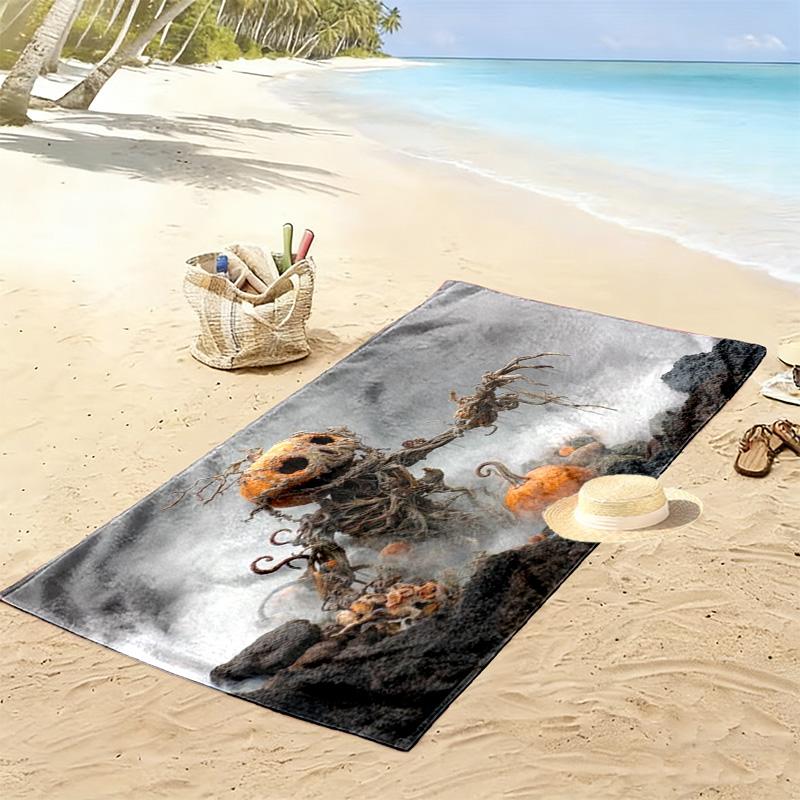 Halloween Twisted Pumpkin Skeleton Monster Print Beach Towel, Spooky Quick‑Dry Towel for Beach Pool Travel