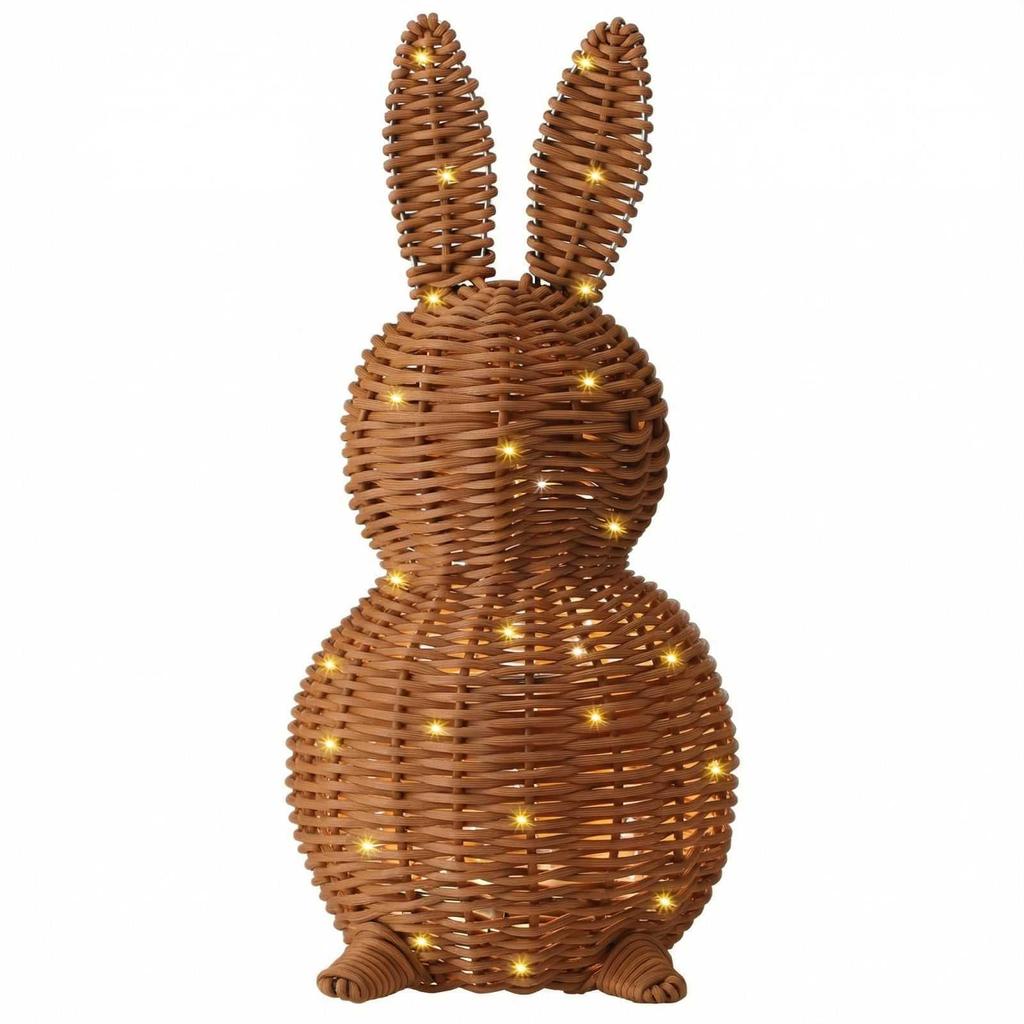 Modern Easter Wicker Bunny Ornament, 13.8-inch Woven Bunny Desktop Figurine With String Lights