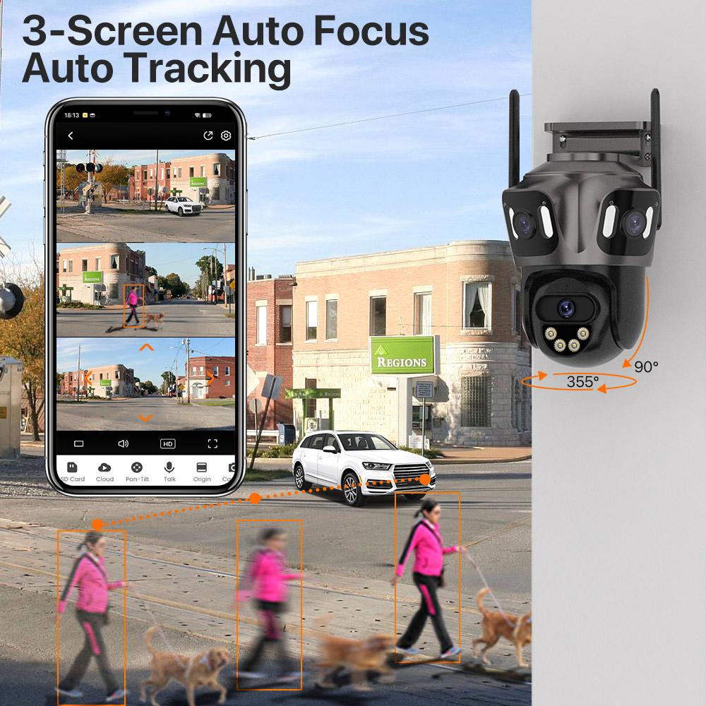 Caméra IP WIFI Trois Écrans Extérieure 4K Double Objectif PTZ Détection Humaine IA Étanche IP66 Caméra de Sécurité Vidéo CCTV iCsee
