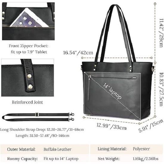 Genuine Leather Tote Bag for Women Work Shoulder Crossbody Purses Handbag with Outside Pockets