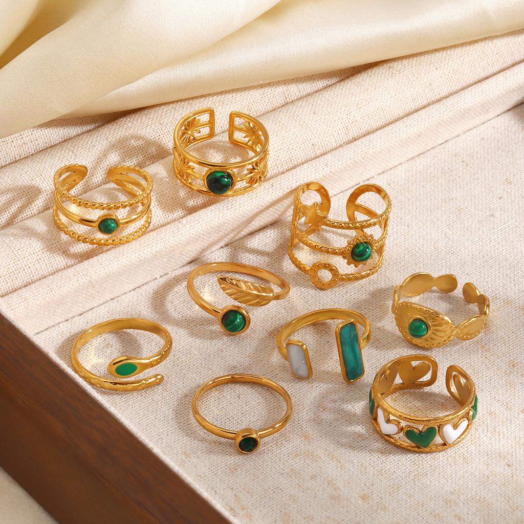 Stainless Steel Green Stone Rings for Women Men Vintage Geometric Metal Heart-Shaped Leaf Circular Open Ring Party Jewelry Gifts