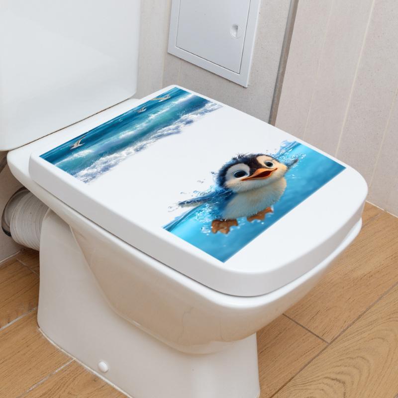 Cute Swimming Penguin Ocean Wave Toilet Lid & Tank Self Adhesive Sticker Waterproof Bathroom Decor Decal