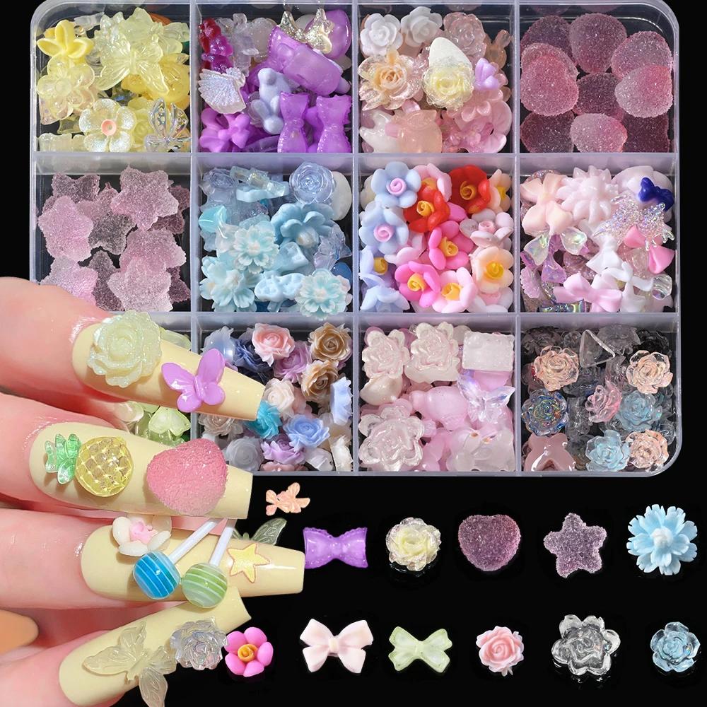 12Grids/Box Mixed Resin Bowknot Nail Charms 3D Colorful Bow Kawaii Rhinestone Nail Art Decorations DIY Manicure Parts Pen Tweeze