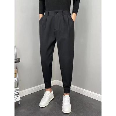 Men's Korean-Style Slim-Fit Suit Trousers - Solid Color, Nine-Point Length, Spring/Autumn, All-Match Straight Casual.