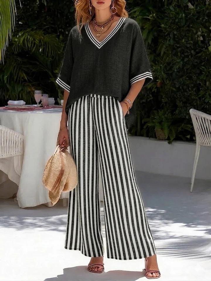 

Summer Cotton Set Women Loose Fit V-Neck Short Sleeve Striped Wide Leg Pants Two Piece Casual XXL чорний
