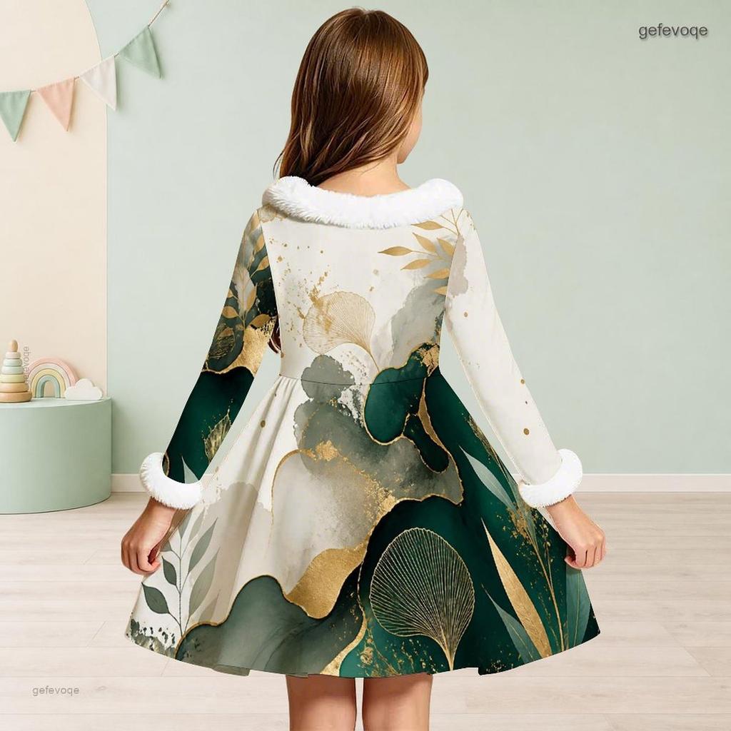 Girls Furry Collar Long Sleeve Bow Decor Printed Dress Dark Green Beige Gold A Line Flared Hem