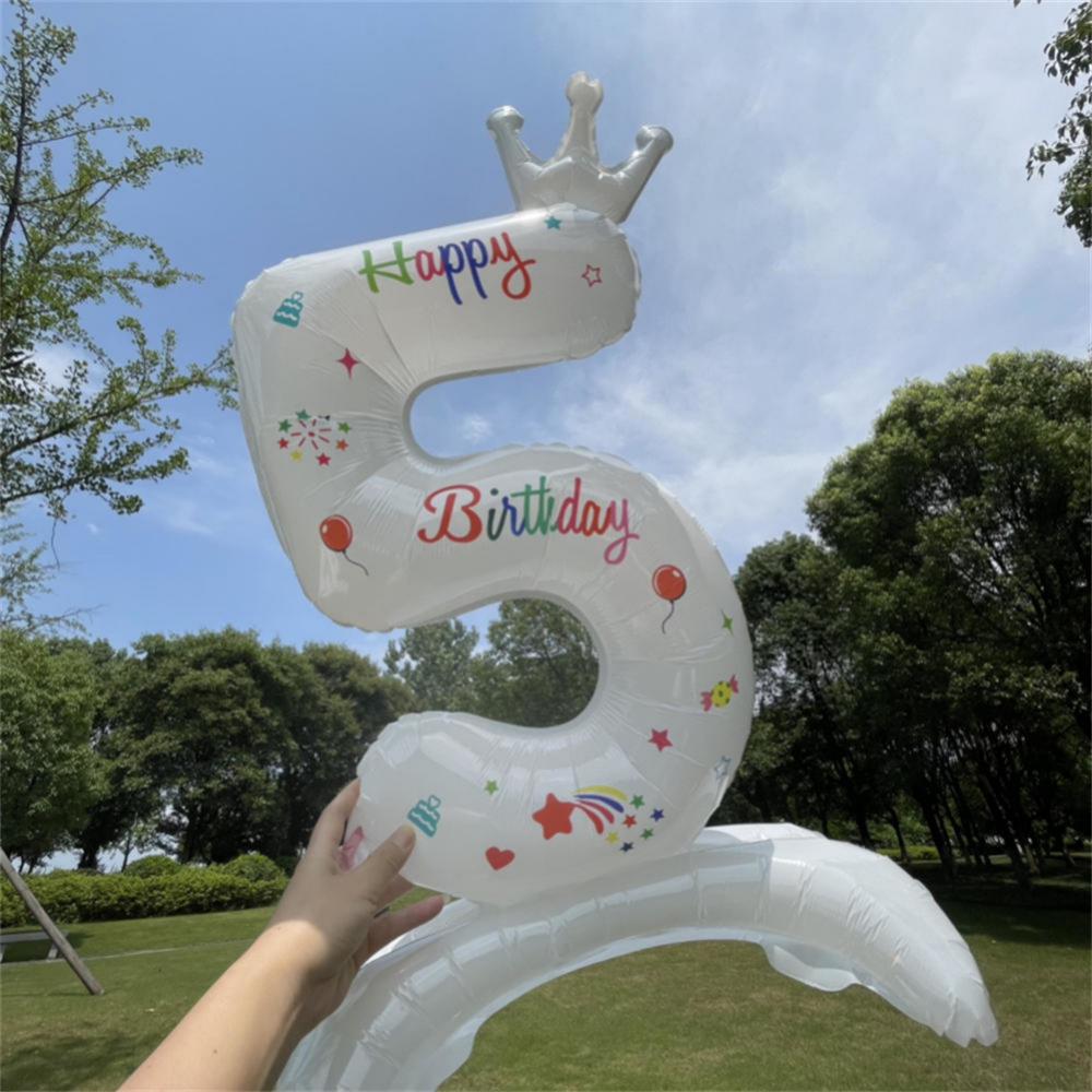 32 Inch Number Balloon Standing White Crown Digital Balloon Ins Style Aluminum Film Balloon Children Birthday Party