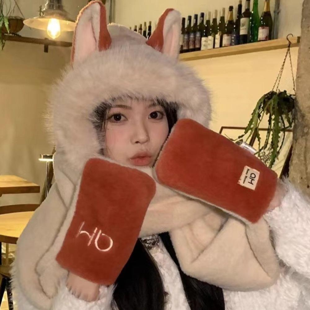 2/3Pcs Casual Scarf Hat Glove for Women Cute Cartoon Plush Hat Sweet Furry Scarf Cap Set Outdoor