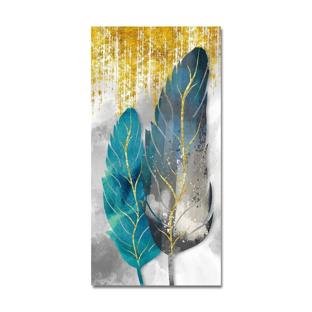 

Минималистичный красочный холст с золотыми перьями, картина с золотым листом, олень и листья, постеры и принты для декора стен крыльца, без рамки 20x40cm NO Frame электрические голубой