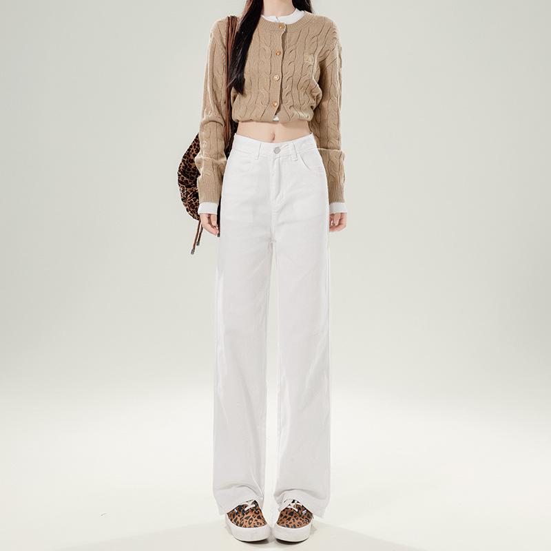 Women s White Wide-Leg High-Waisted Floor-Length Jeans - Summer 2024 Slimming Loose Fit XS