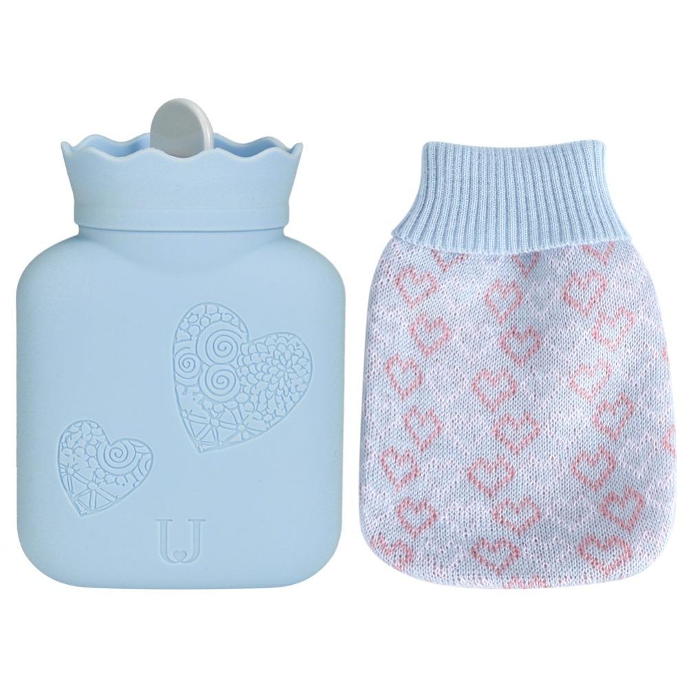 Warm-keeping Silicone Hot Water Bottle Knitted Fillable Hand Warmer Leakproof Mini Hot Water Bag Home Use синий