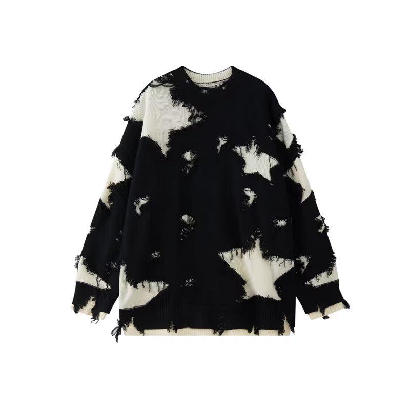 

Унисекс-хип-хоп свитер с необработанными краями и плетением — осенний повседневный уличный стиль M чёрный