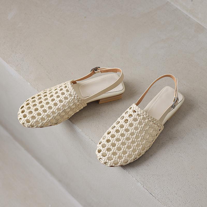 French Woven Cut-Out Chunky Low Heel Closed-Toe Sandals for Women - Summer Versatile Single Strap Round Toe Backless Shoes