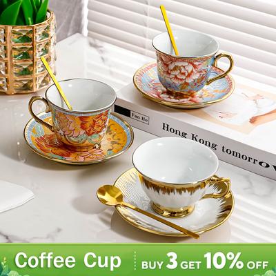 Service de tasse à café fleur rétro avec cuillère et soucoupe, Mug en céramique pour cafétéria, Thé de l'après-midi pour latte au chocolat au lait, Cadeau de verrerie