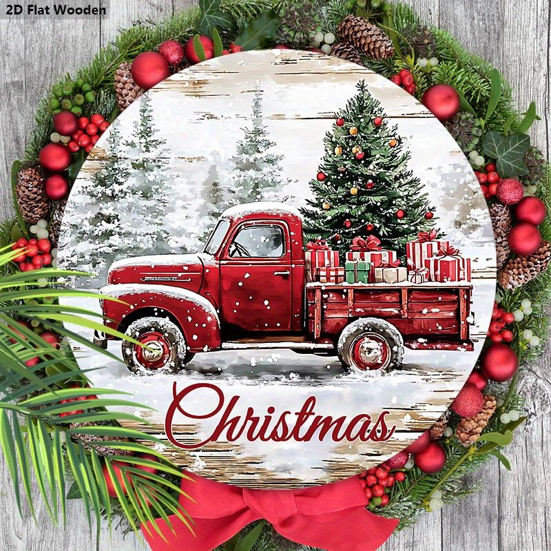 Hölzliches Weihnachtsschild mit klassischem rotem Pickup-Truck-Muster, warmes winterliches Weihnachtsornament zur Dekoration für Haustür/Wand, ideale Weihnachtsdekoration