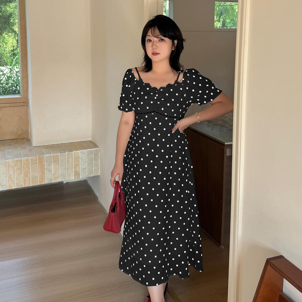 Large size women's Hepburn style polka dot dress 2026 summer waist thin elegant long skirt 254771