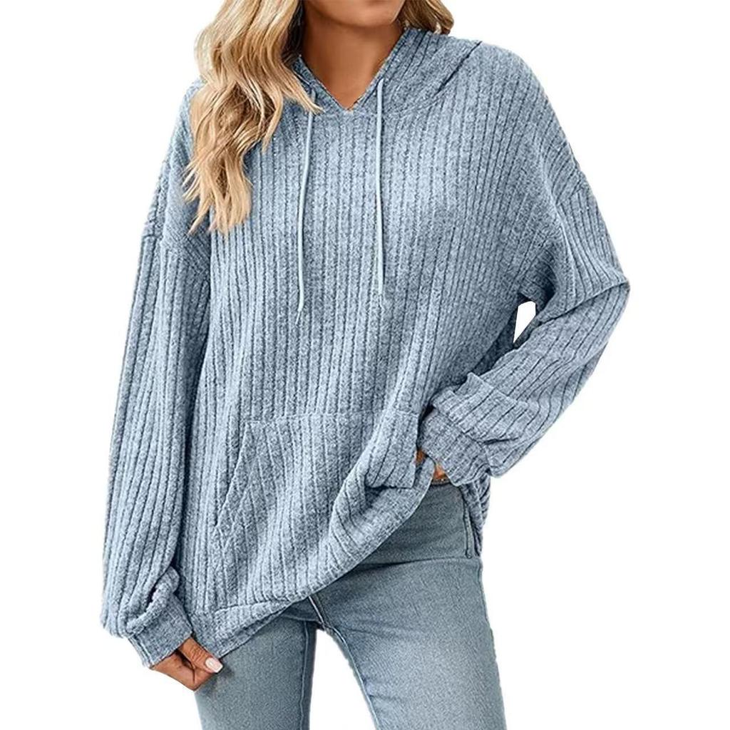 Women's Solid Color Ribbed Hooded Sweatshirt - Long Sleeve, Brushed, Autumn/Winter 2025 Collection