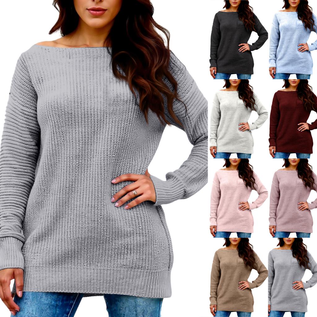 Women's Winter Loose Versatile One-shoulder Solid Color Mid-length Knitted Sweater