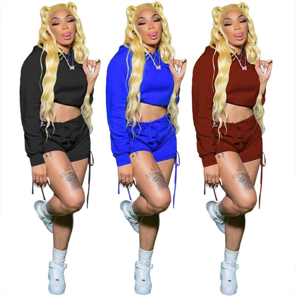 FE210 European and American Style Casual Solid Color Tie-Dye Drawstring Shorts Two-Piece Set - No Returns/Exchanges