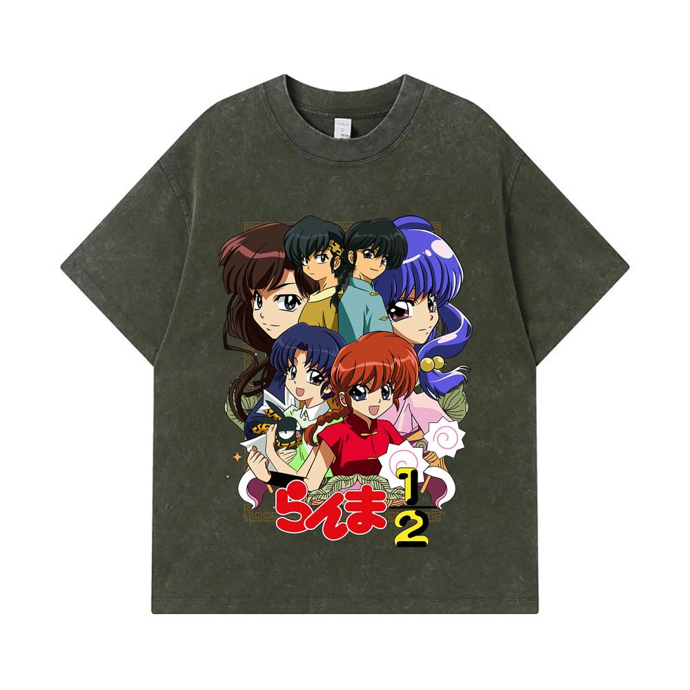 

275 GSM Washed T-shirts 100% Cotton Ranma 12 V6 Print Unisex Heavy Cotton T Shirt S армия зеленый