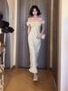 French square neck bubble sleeve dress women's summer new gentle temperament coffee break dress waist and thin long dress