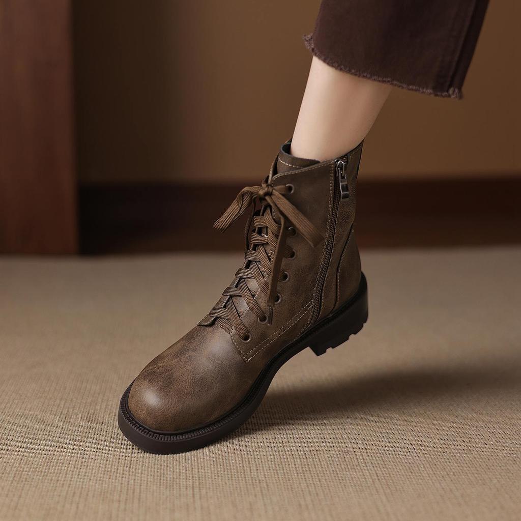 Krazing Pot Genuine Leather Winter Round Toe Western Boots Med Heels Women Cross-tied Lace Up Women Ankle Boots