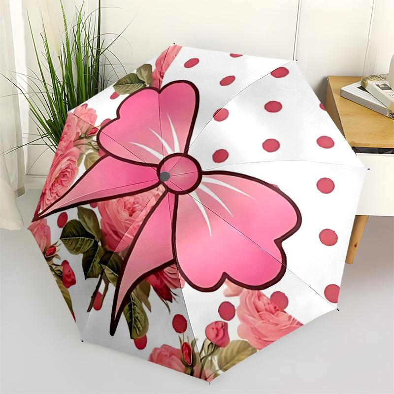 1pc Pink Bow Flowers Automatic Opening/Closing Folding Umbrella with 8 Ribs, Plastic Handle, Windproof Portable Sunshade Umbrella yy251222218