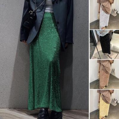 Fusta maxi pentru femei, cu talie inalta, cu design de culoare uni, fusta lunga cu impodobire cu paiete