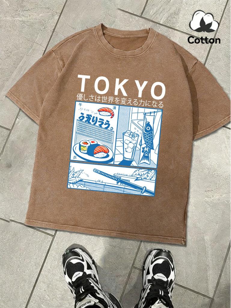 Fresh Sushi In Tokyo Printing Washed TShirt MenS Cotton Oversize T Shirts Basic ONeck Distressed Tops Summer Male Clothes