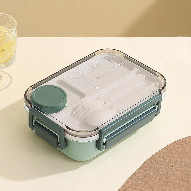 New 1300ml Plastic Lunch Box with Tableware for Adults Students Divided Microwave Oven Bento Box Sealed Leakproof Food Container