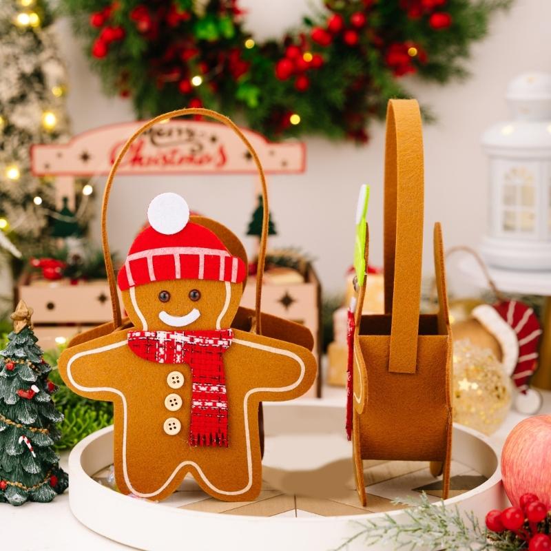 Festival Double Sided Gingerbreads Handheld Bag Durable Cloth Materials Spacious Holiday Gift Storage For Home Office Christmas Decoration