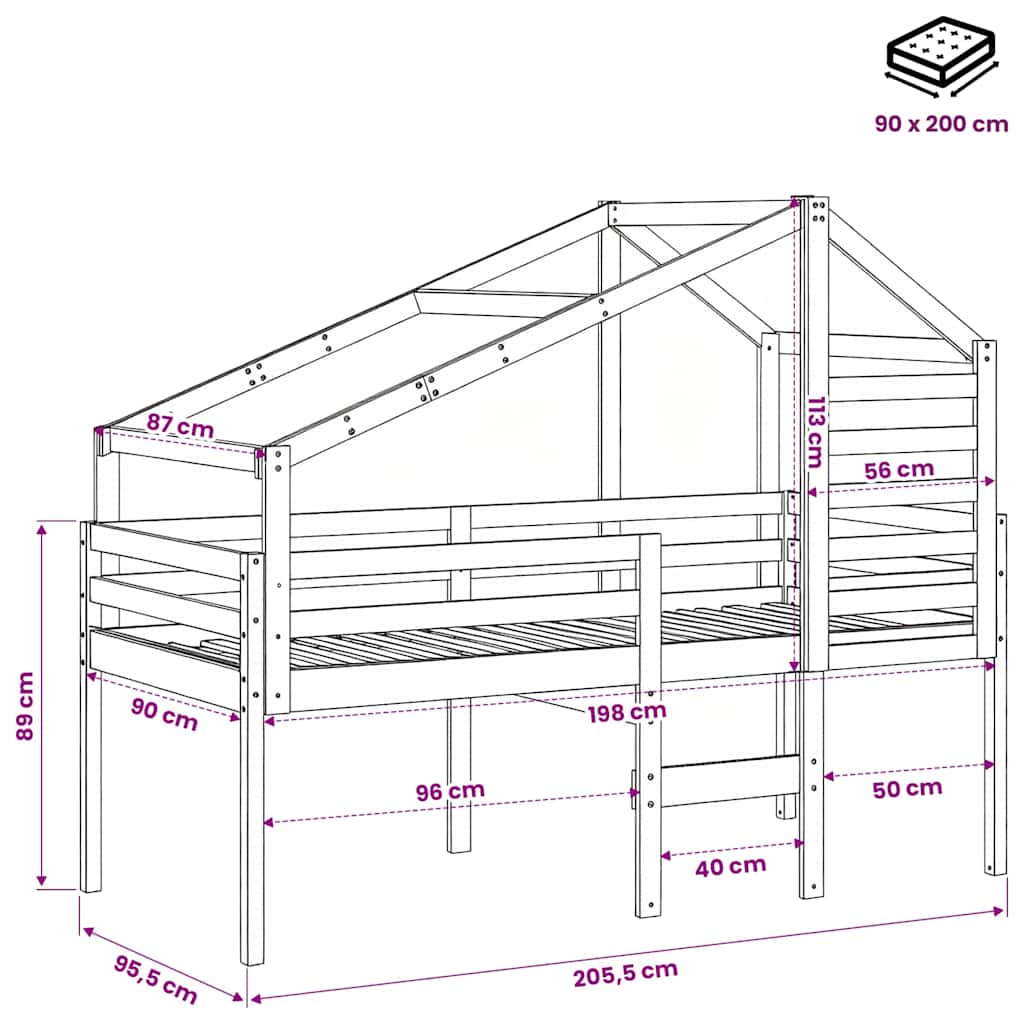 High Bed with Roof Wax Brown 90 x 200 cm Solid Pine Wood