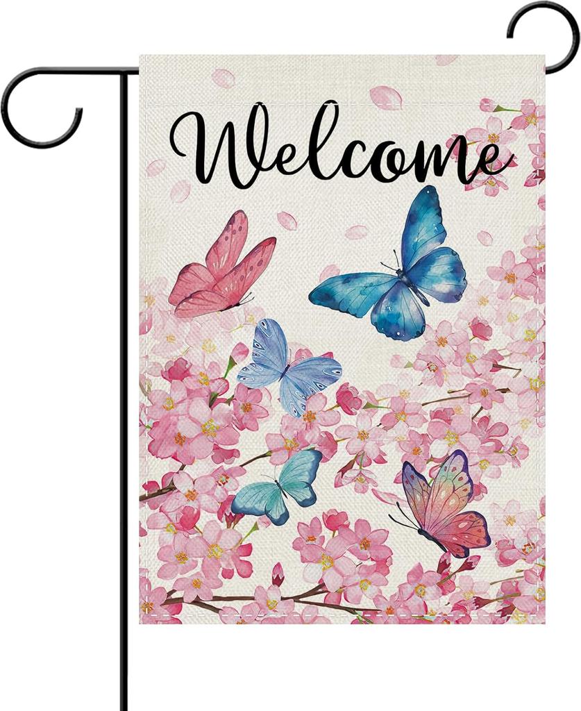 Dyrenson Welcome Spring Butterfly Floral Decorative Garden Flag, Pink Cherry Blossom Flower Yard Outside Home Decoration, Su