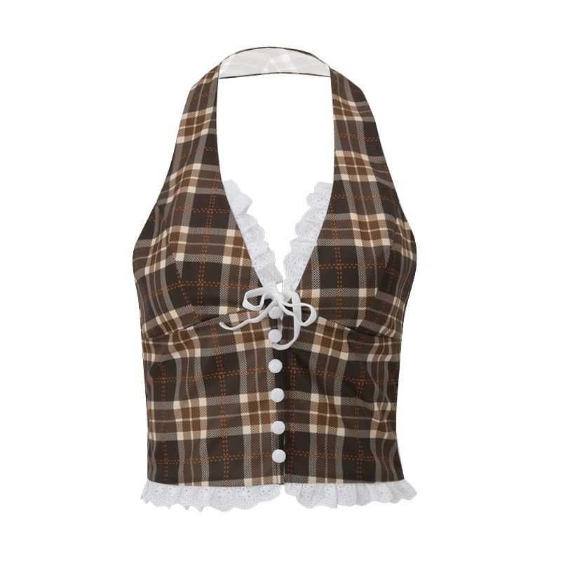 

Elsa European and American Women s Clothing Spring/Summer New Arrival Fashion Sexy French Style Sweet V-neck Retro Gingham Halterneck Vest Top Dark brown(Brown) S