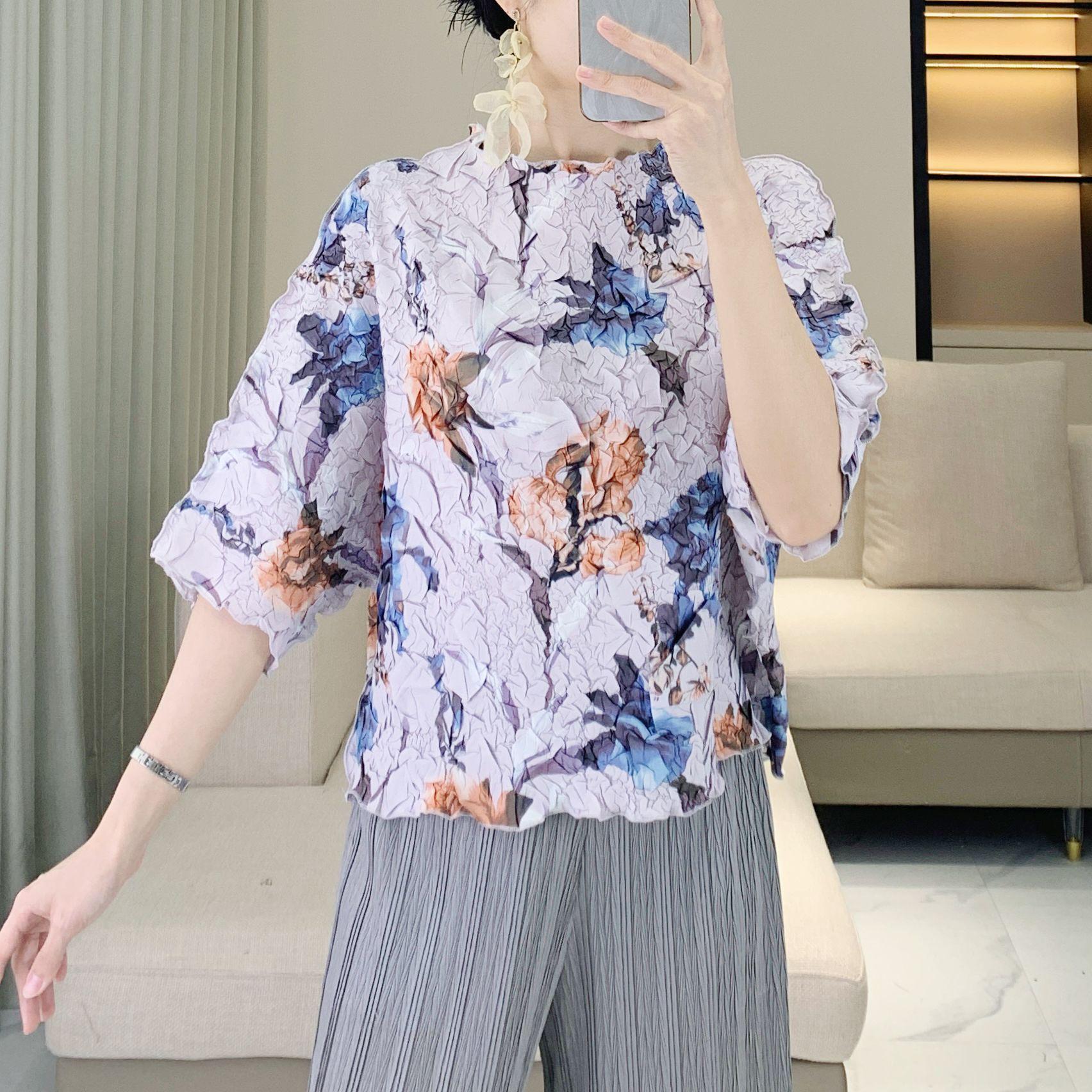 

Miyake Pleats Spring/Summer French Print Casual Loose Plus Size Slimming T-shirt Universal Size [90-150 jin]
