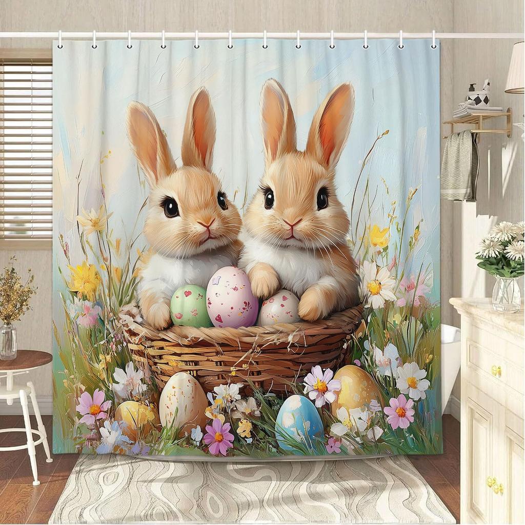Easter Shower Curtain Happy Easter Cute Bunny Bathroom Decor Set with Colorful Floral, Cloth Fabric Bathroom Decor Set with