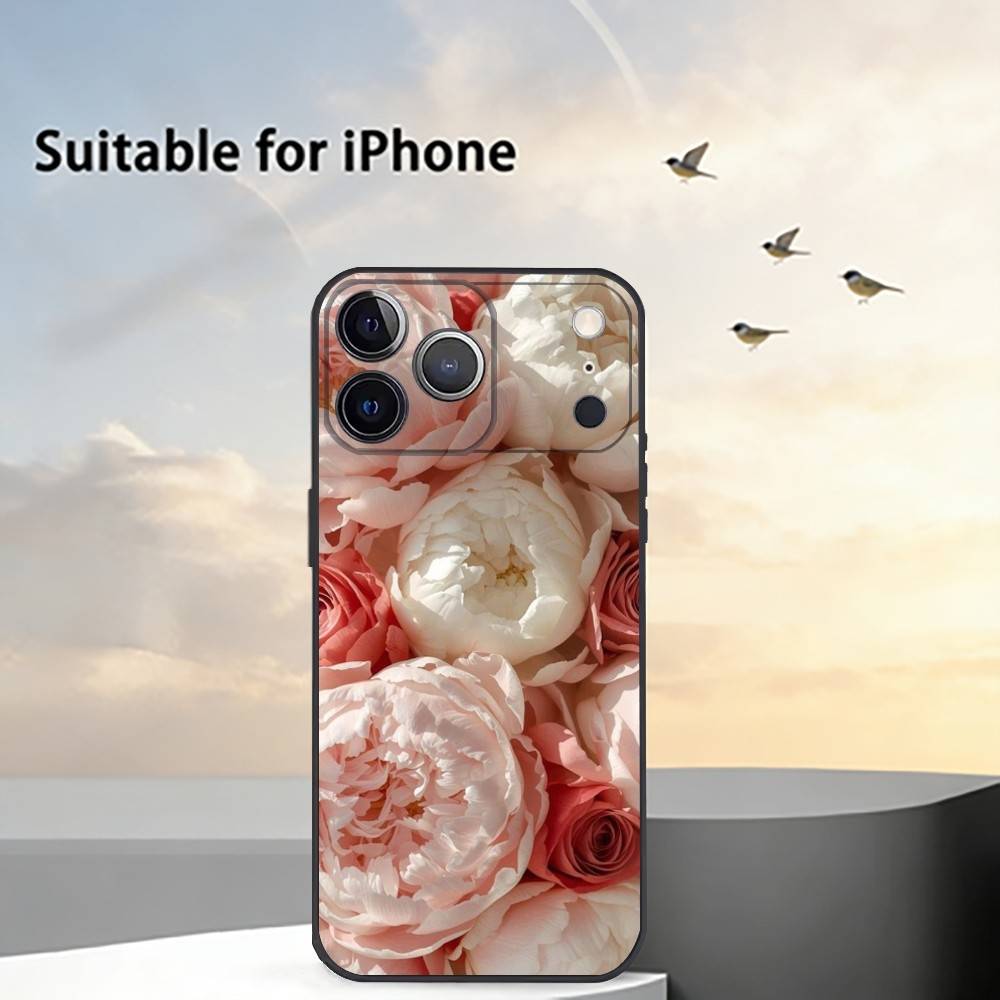 Elegant Peony F-Flower Phone Case For iPhone 17,16,15,14,13,12,11 Plus,Pro Max,XS,Soft Silicone Black Cover