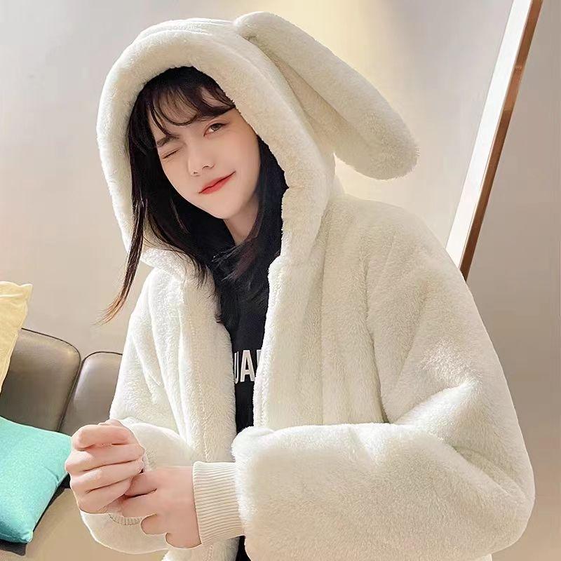 Lamb plush fur coat women's autumn and winter new furry loose thickened slim hooded top